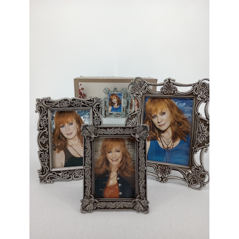 Reba Photo Frames Set of 3 Silver Ornate Scroll Floral Pewter Finish with Box